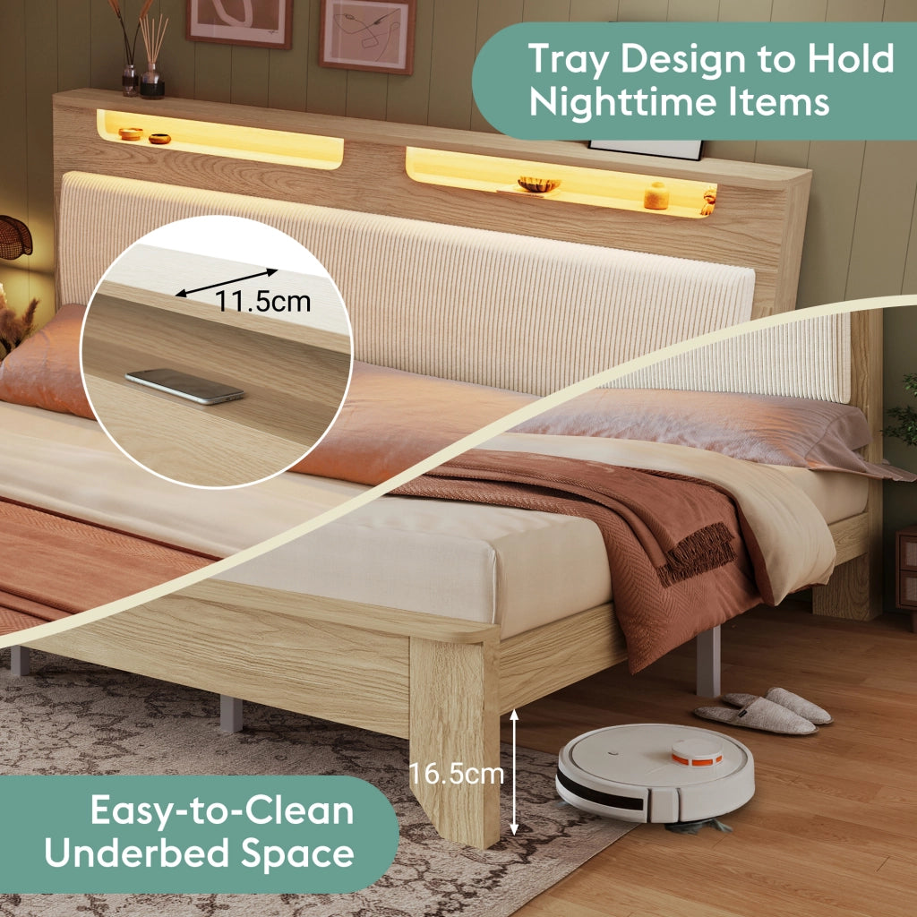 Letto matrimoniale 140 × 200 cm con testiera a mensole; LED regolabile e materasso incluso; MDF e tessuto a coste beige