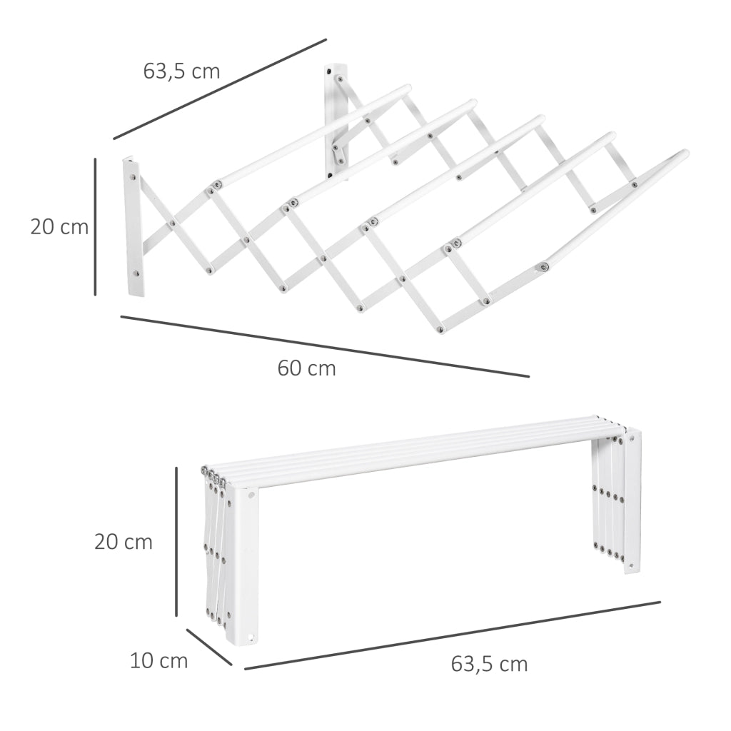Stendino da parete 57,5 cm salvaspazio per interni ed esterni in metallo bianco, 63,5 x 60 x 20 cm