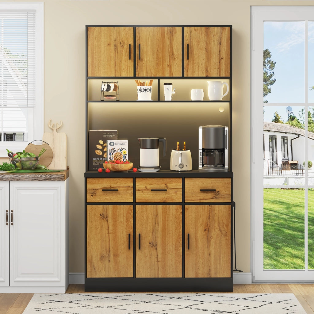 Credenza da cucina alta con LED; 100 x 40 x 180 cm; 6 ante e 3 cassetti; MDF e pannello truciolare; nero e naturale