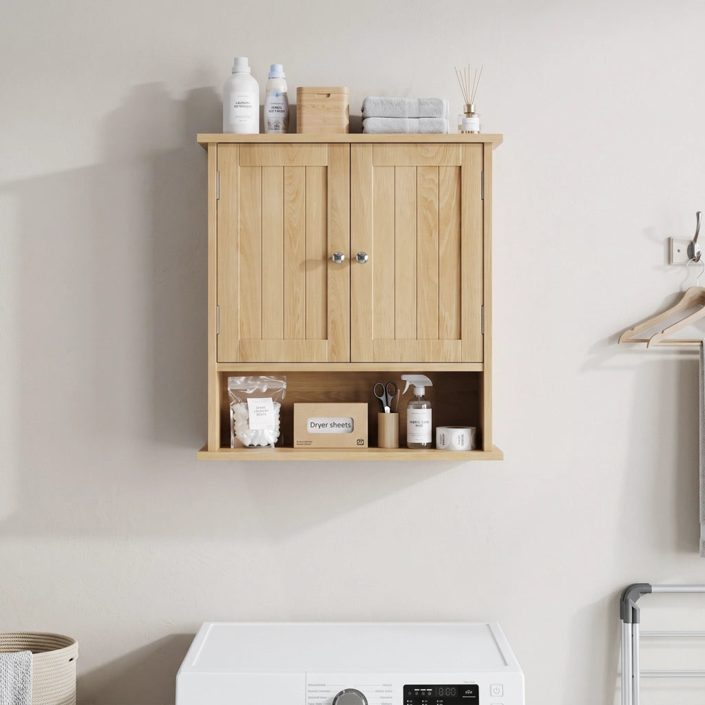 Mobile pensile da bagno in MDF effetto rovere con doppia anta e vano a giorno