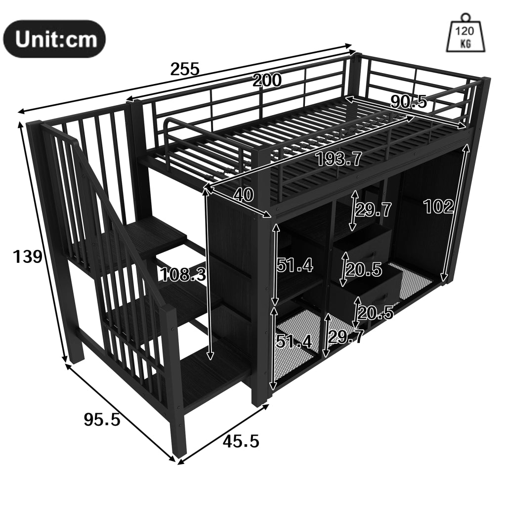 Letto rialzato 90x200 cm in metallo nero con 2 cassetti; guardaroba aperto e LED