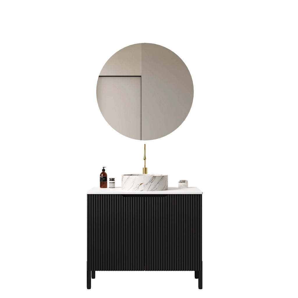 Mobile sottolavabo con lavabo in ceramica, 2 ante ammortizzate, per bagno, piano in pietra sinterizzata, nero e bianco