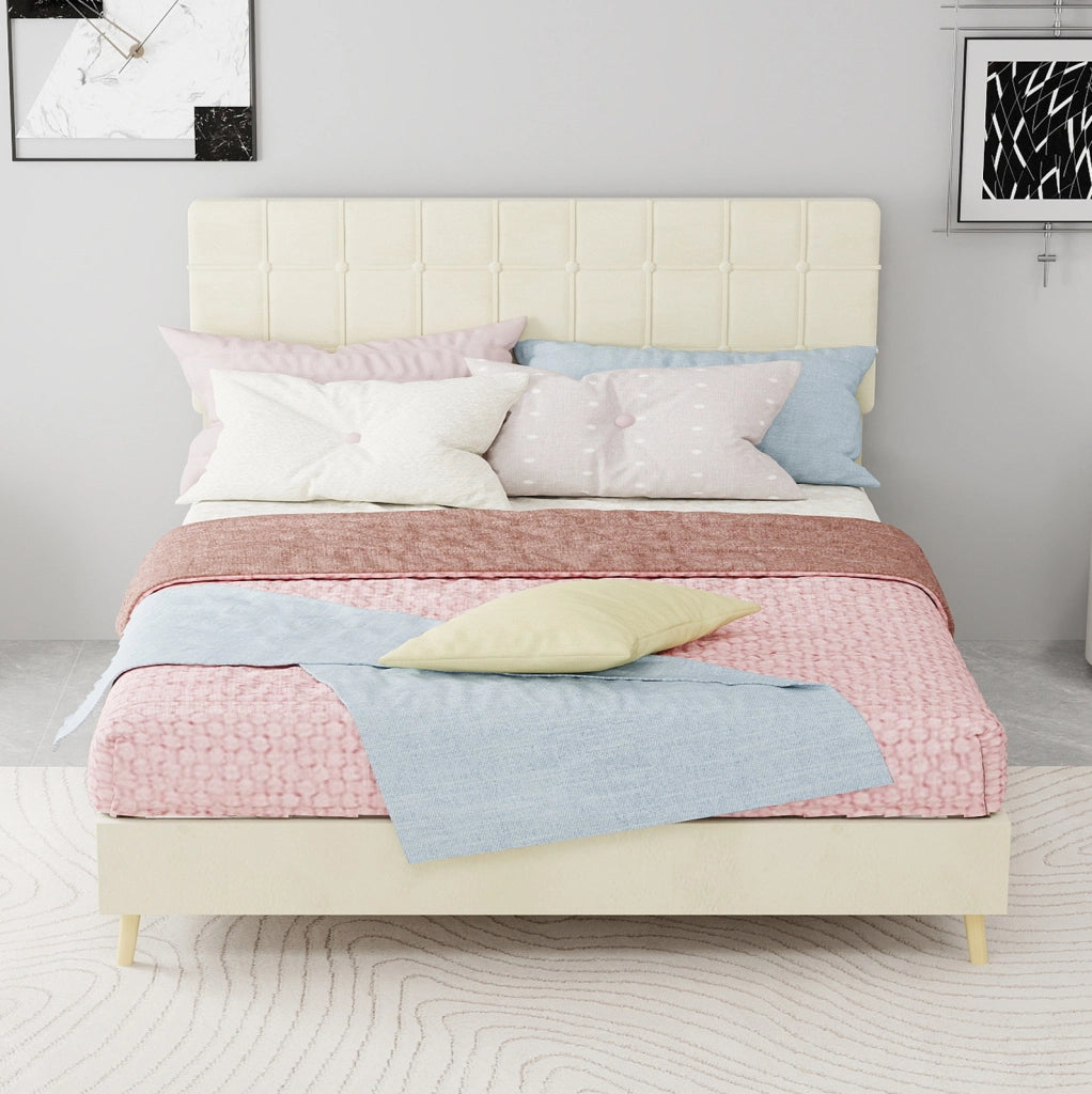 Letto matrimoniale 140 x 200 cm in tessuto beige con testiera imbottita a quadri