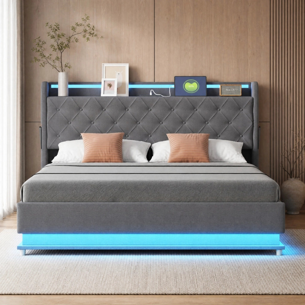 Letto imbottito LED 160x200 cm con porta USB e contenitore idraulico; grigio