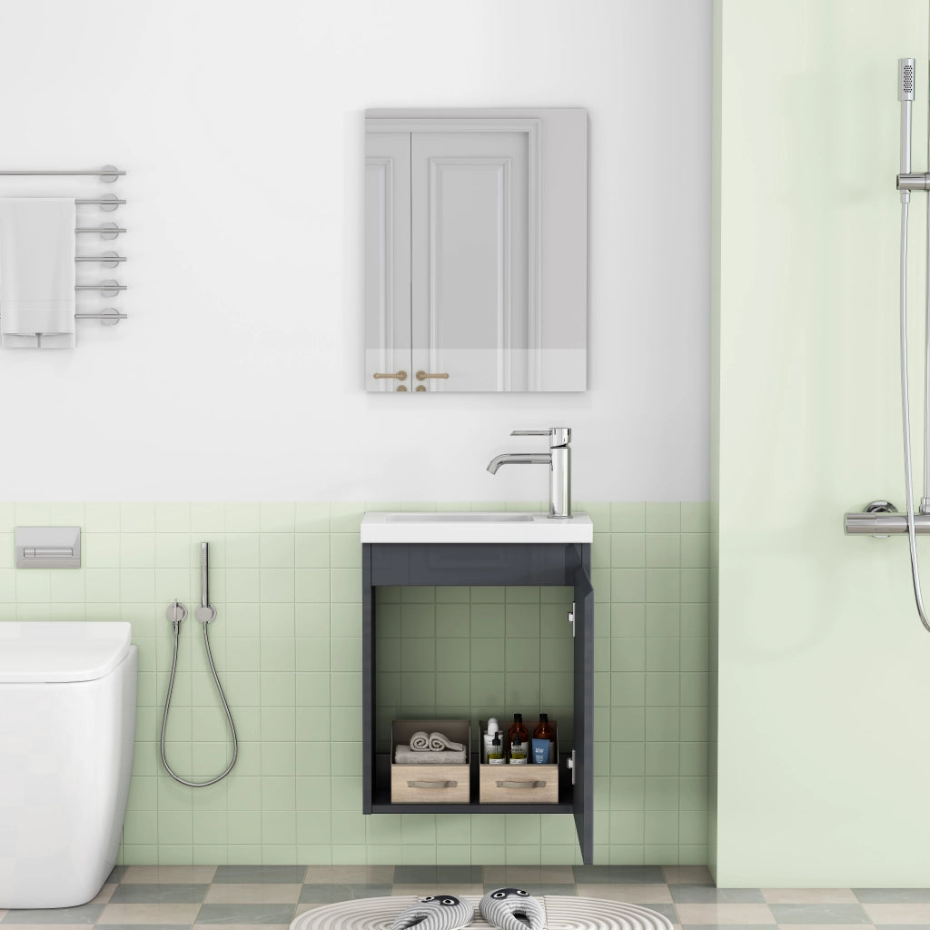 Mobile sottolavabo sospeso con lavabo in ceramica e specchio, senza maniglie, per bagno, MDF grigio lucido, 45 × 34 × 58 cm