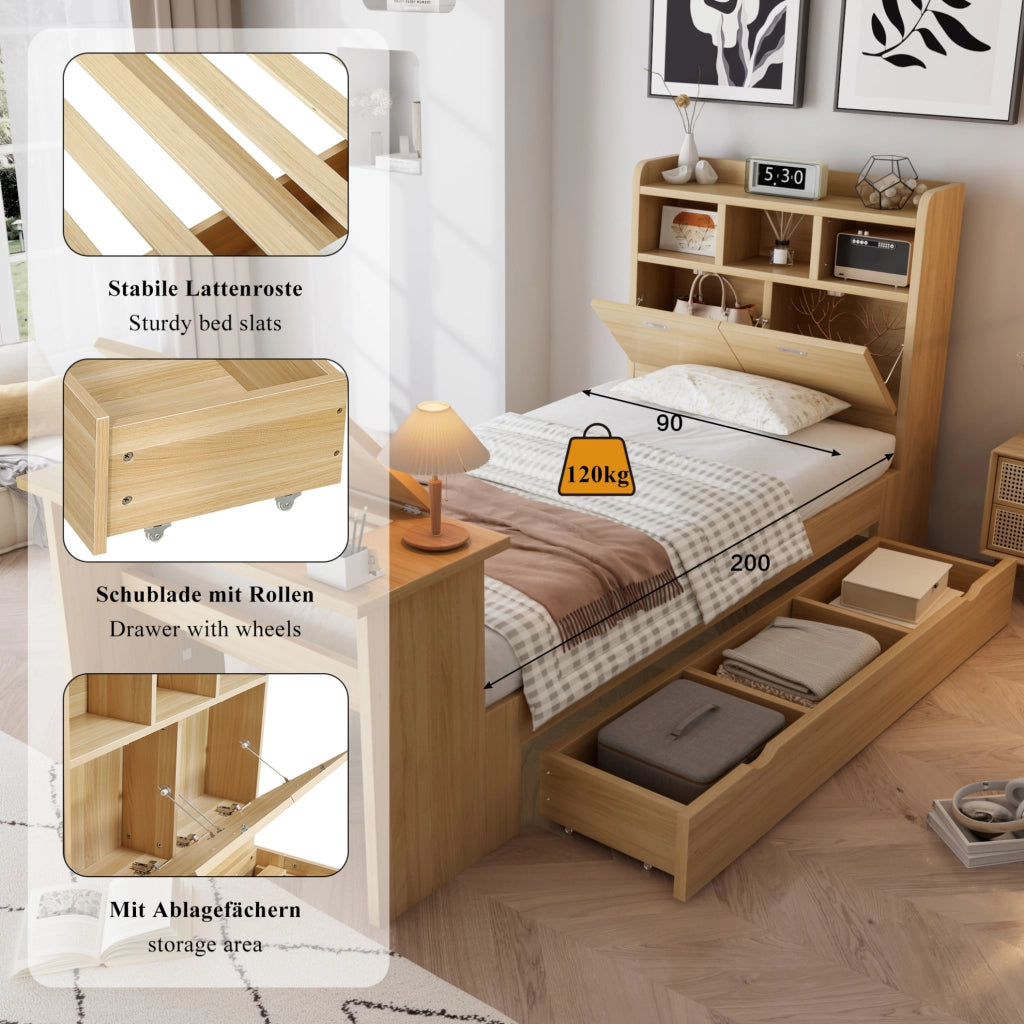 Letto singolo ULEVR 90x200 cm con cassetto, ripiano testiera e tavolo pieghevole regolabile, rovere naturale