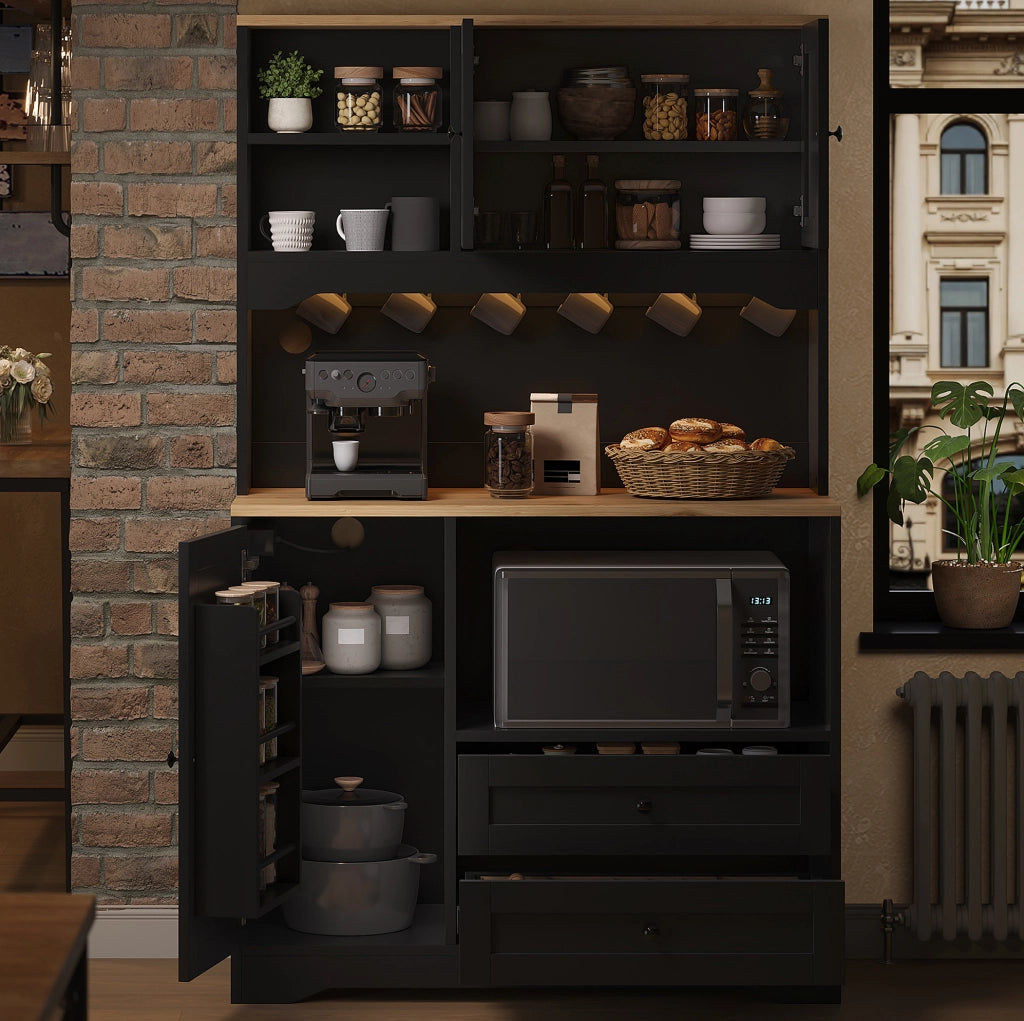 Mobile dispensa cucina 100x40x163 cm con vano microonde; LED e prese USB nero HOMVRA
