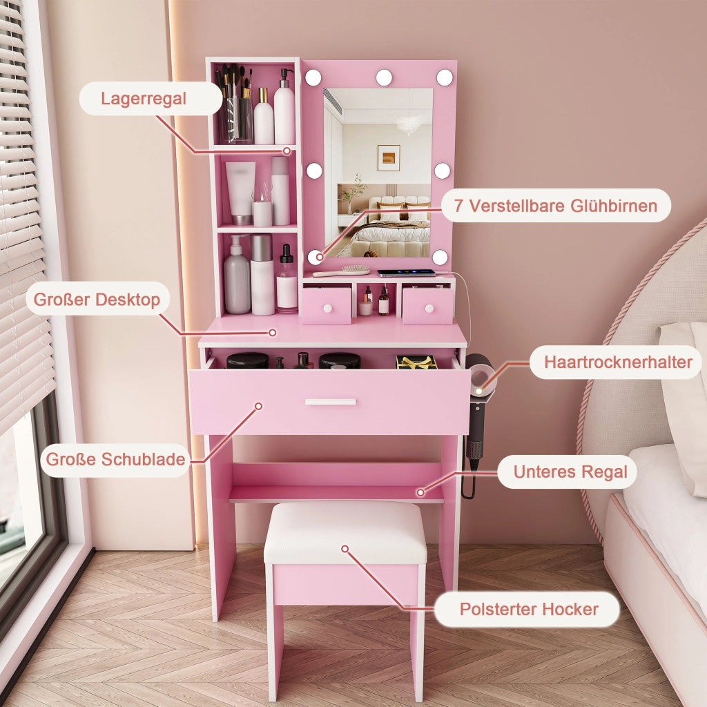 Set Trousse da Trucco ¨C Minimal ¨C Rosa, con Cassetti, Scaffale, LED Regolabile, Hocker Imbottito, 60x38x131.5 cm
