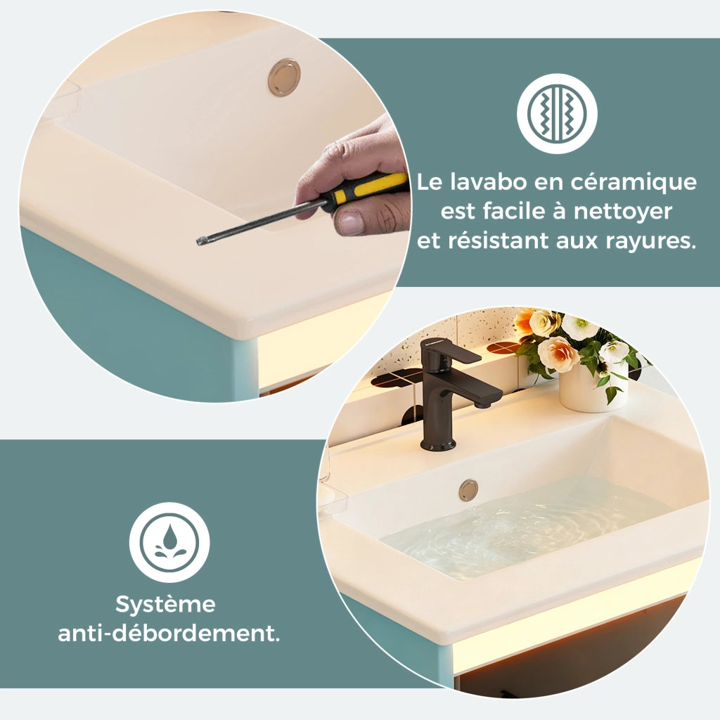 Mobiletto con lavabo freestanding in MDF e ceramica con 2 cassetti e anta blu 61 × 46.5 × 87 cm