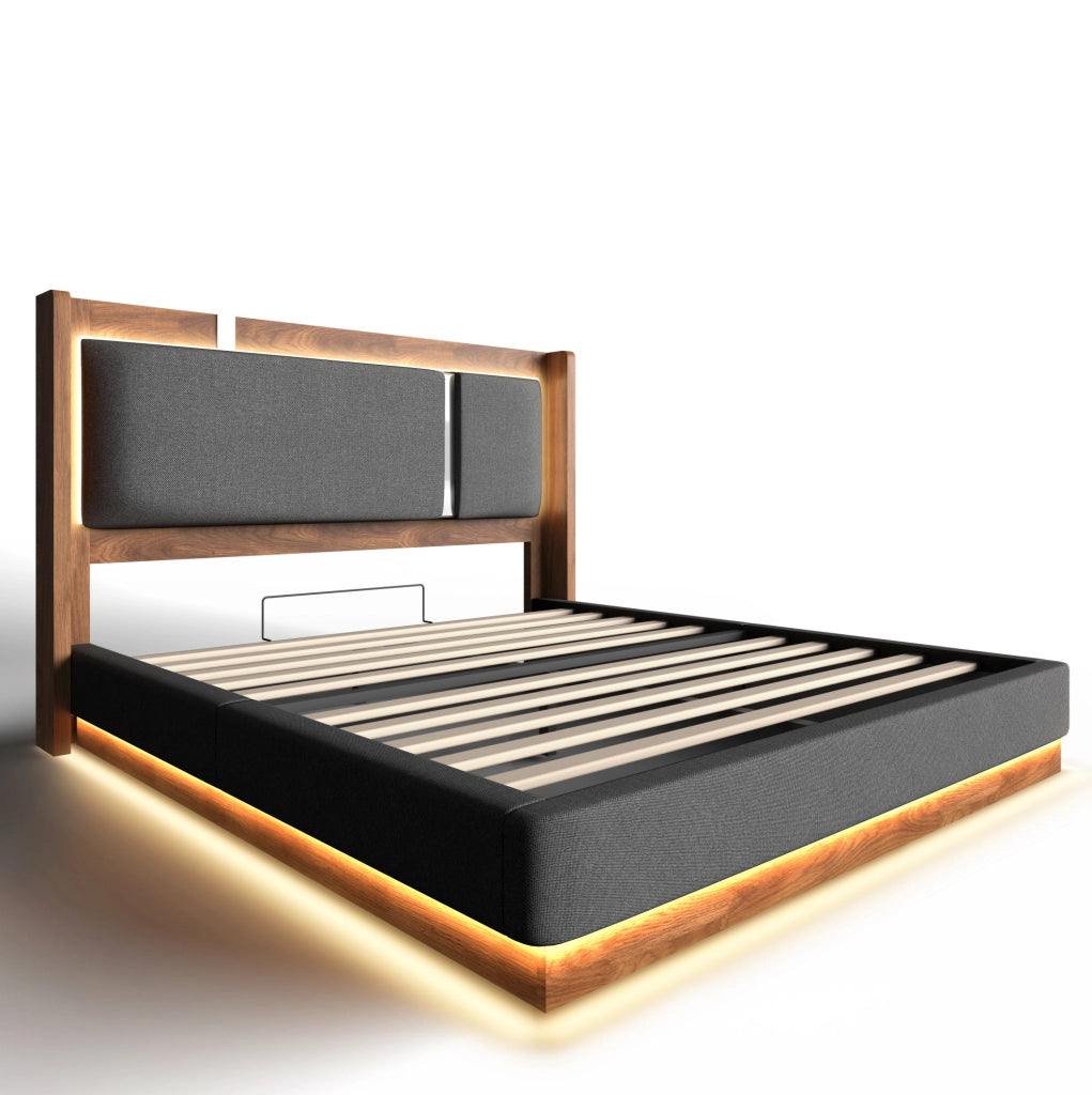 Letto imbottito 140x190 cm con LED e contenitore idraulico in lino grigio e noce