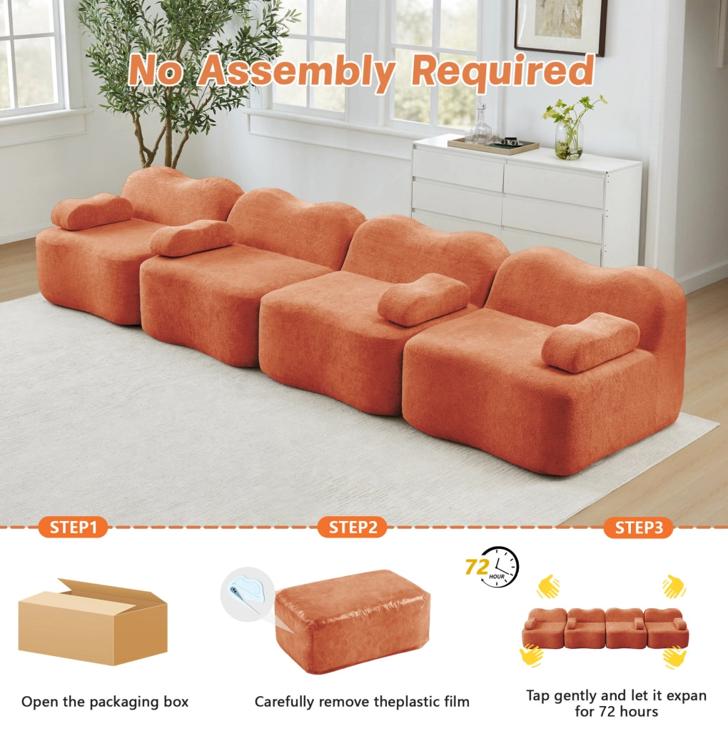 Divano modulare angolare 3 posti con pouf, schiuma ad alta densità 32D, rivestimento in velluto arancione per soggiorno