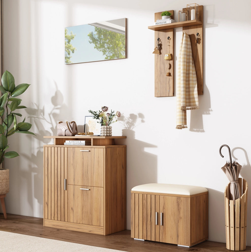 Set ingresso con panca portascarpe; specchio e ganci; 140x35x133 cm; effetto legno naturale