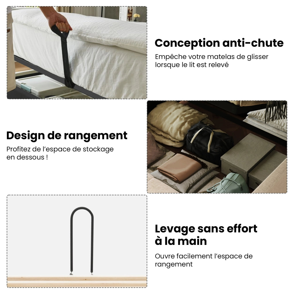 Letto contenitore singolo 90 × 200 cm con USB; Type-C e testiera imbottita; senza materasso; rivestito in lino beige