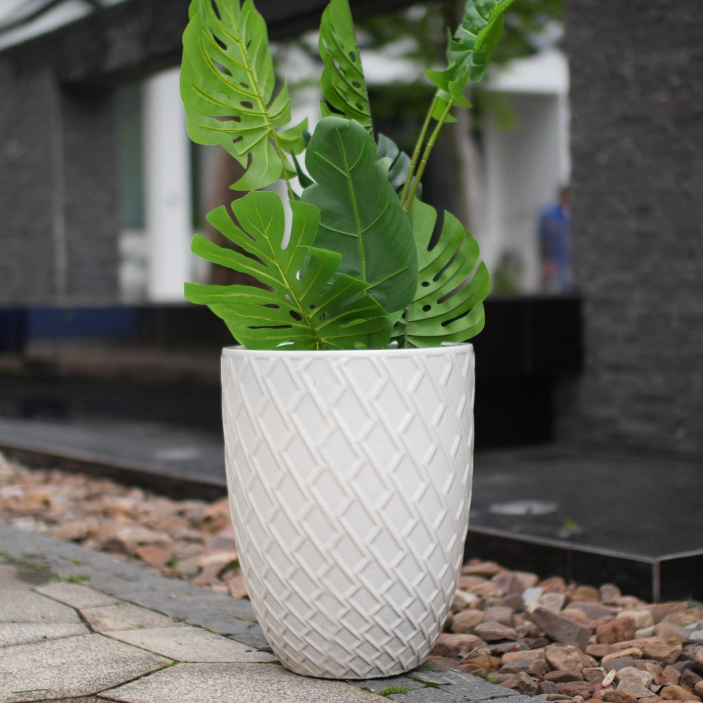 Vaso in ceramica fatto a mano bianco lucido con motivo a rombi e fori di drenaggio diametro 42 cm altezza 54 cm