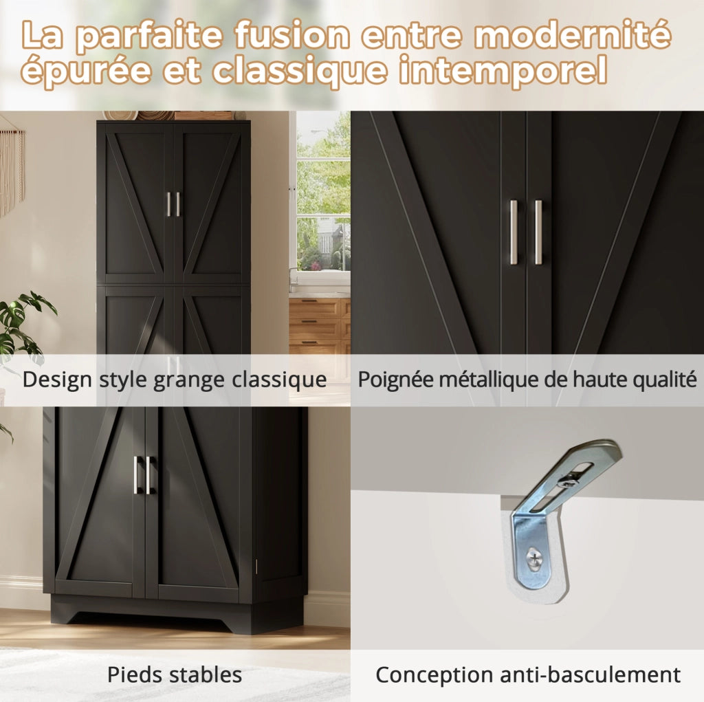 Armadio da cucina 80x40x180 cm con 4 ante; portabottiglie e ripiani in MDF nero naturale