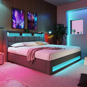 Letto imbottito 140x200 cm con LED e USB, struttura in lino grigio con rete a doghe in metallo e materasso ortopedico a 7 zone H3