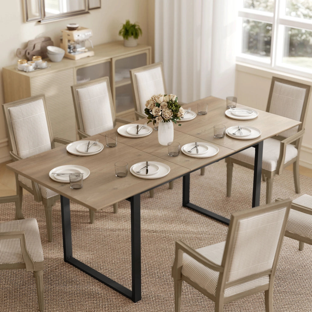 Tavolo da Pranzo Industriale per 6-8 Persone con Ribalta Rotonda, in Legno e Acciaio, 180x80x75 cm