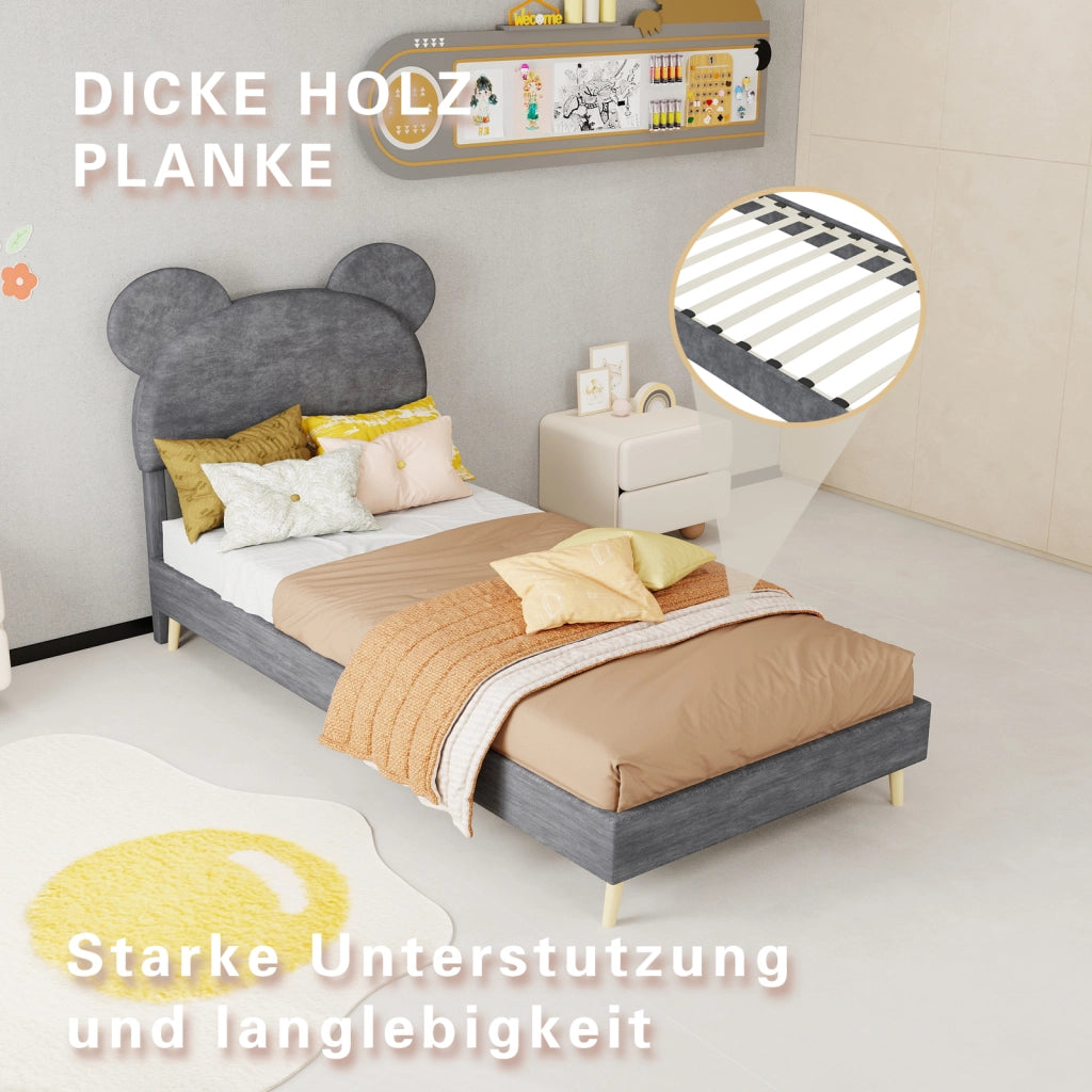 Letto contenitore 90 × 200 cm con testiera imbottita a forma di cartone grigio e vano con pistoni pneumatici