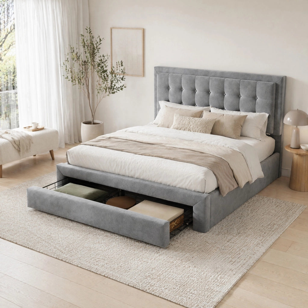 Letto imbottito con contenitore e cassetti in velluto grigio