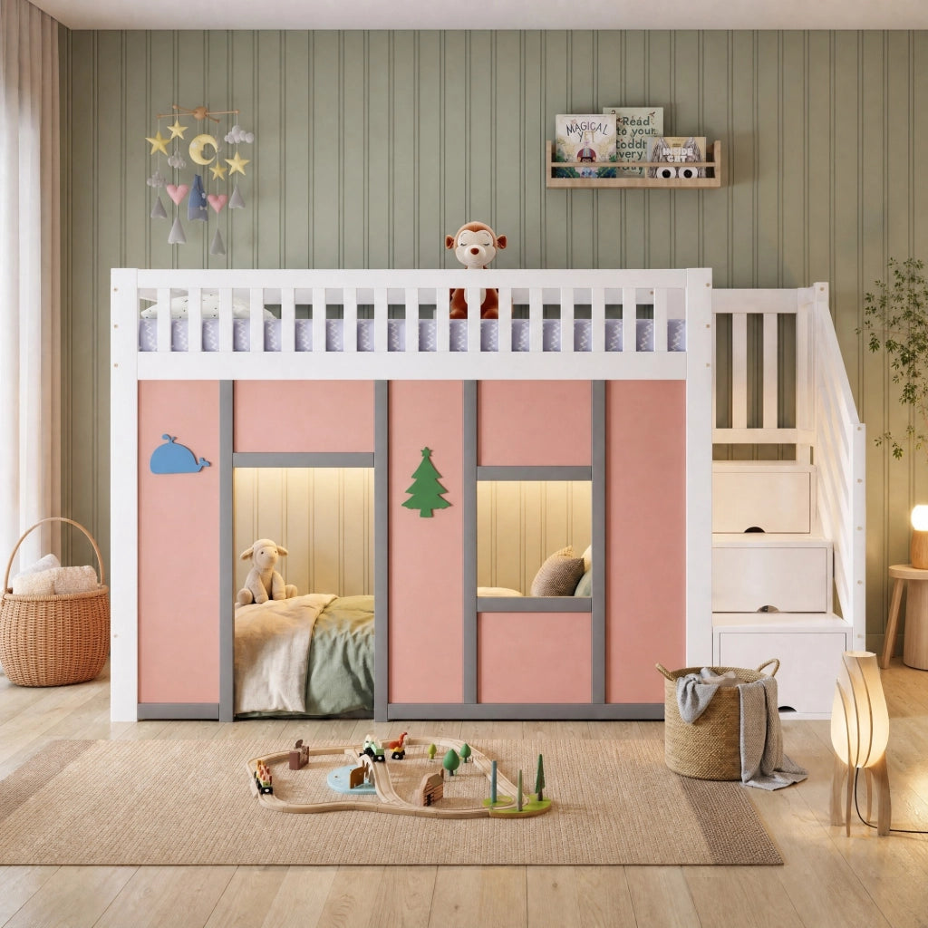 Letto a soppalco per bambini 90 × 200 cm con scala contenitore, LED, pino e MDF, bianco e rosa