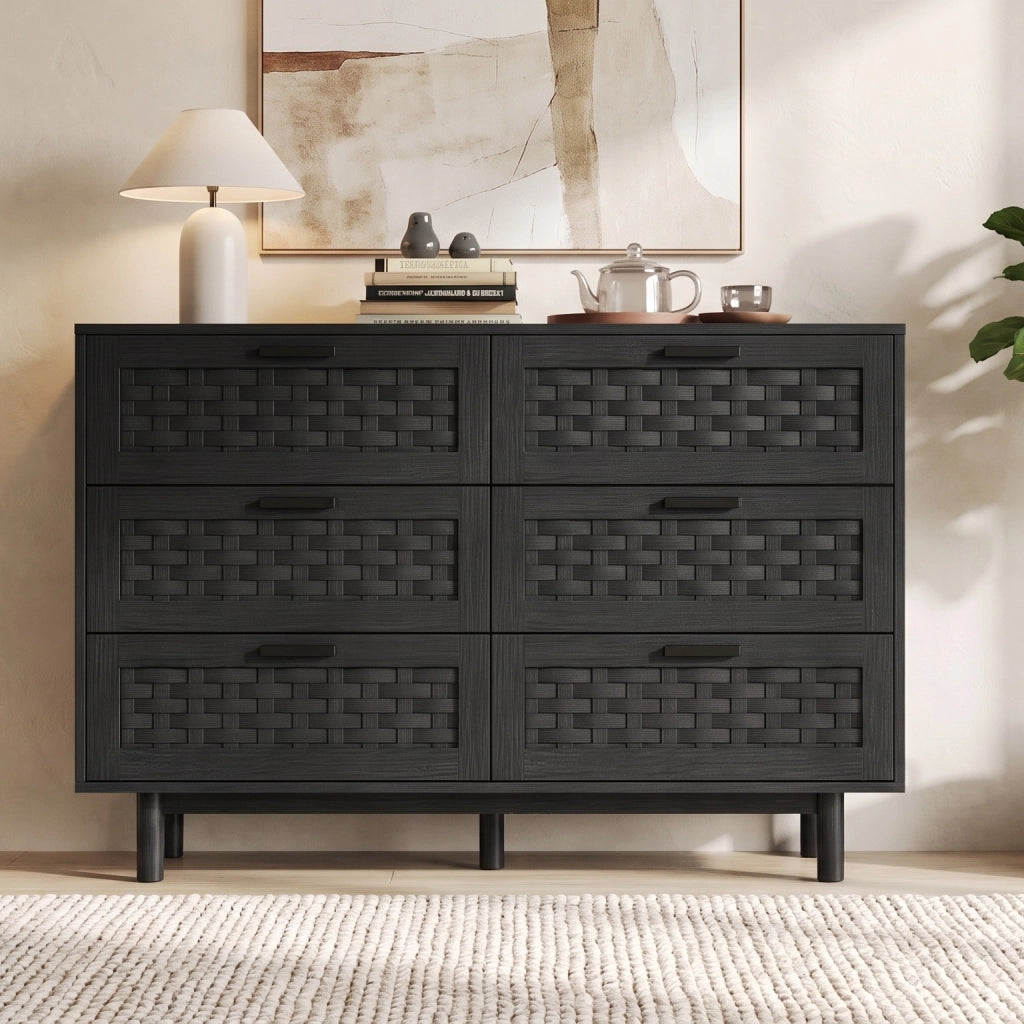 Cassettiera camera da letto 115x40x80 cm 6 cassetti effetto rattan mobile con cassetti in legno per soggiorno ingresso - nero