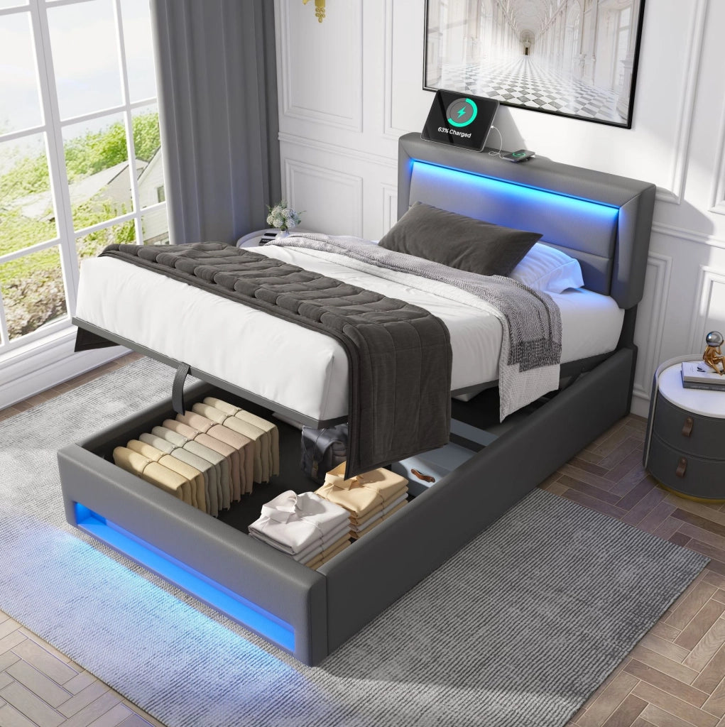 Letto imbottito con LED; ricarica USB e wireless; vano contenitore; PU grigio; per materasso 90x190 cm