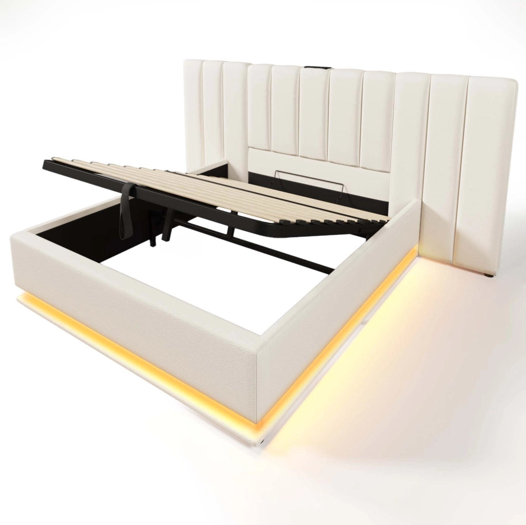 Letto 180x200 cm con contenitore, LED, USB e USB-C in PU bianco con materasso