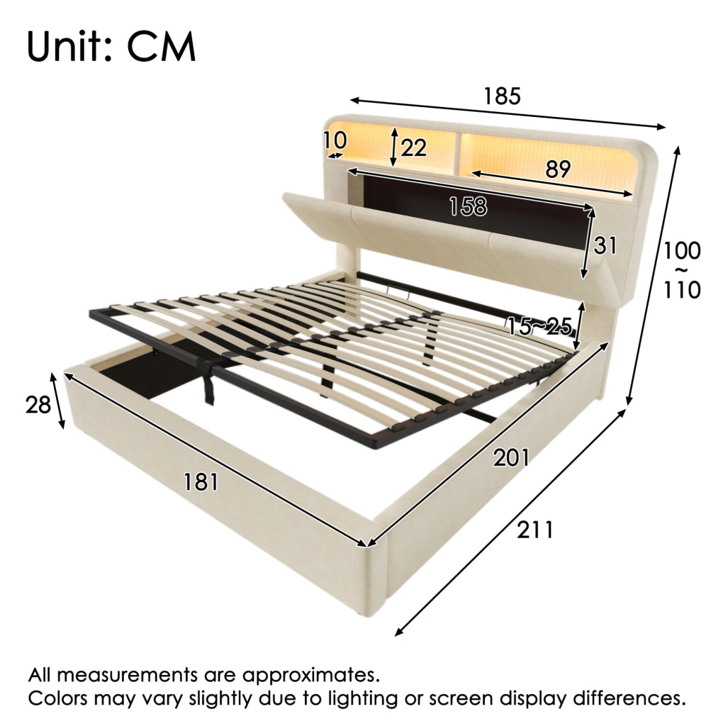 Letto matrimoniale 180x200 cm con contenitore, LED e prese USB/Type-C in velluto beige