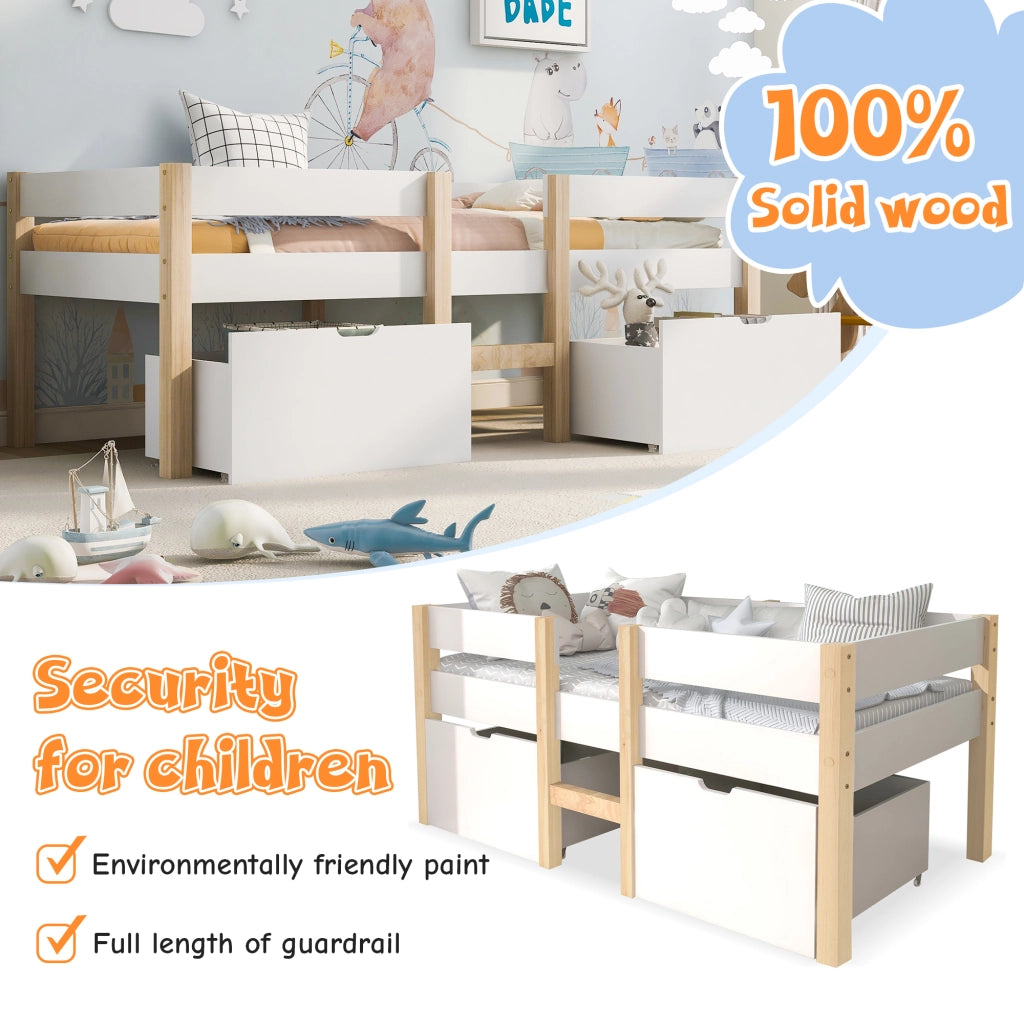 Letto con cassetti 90 × 190 cm semialto con scala e barriera anticaduta in legno bianco con rete a doghe