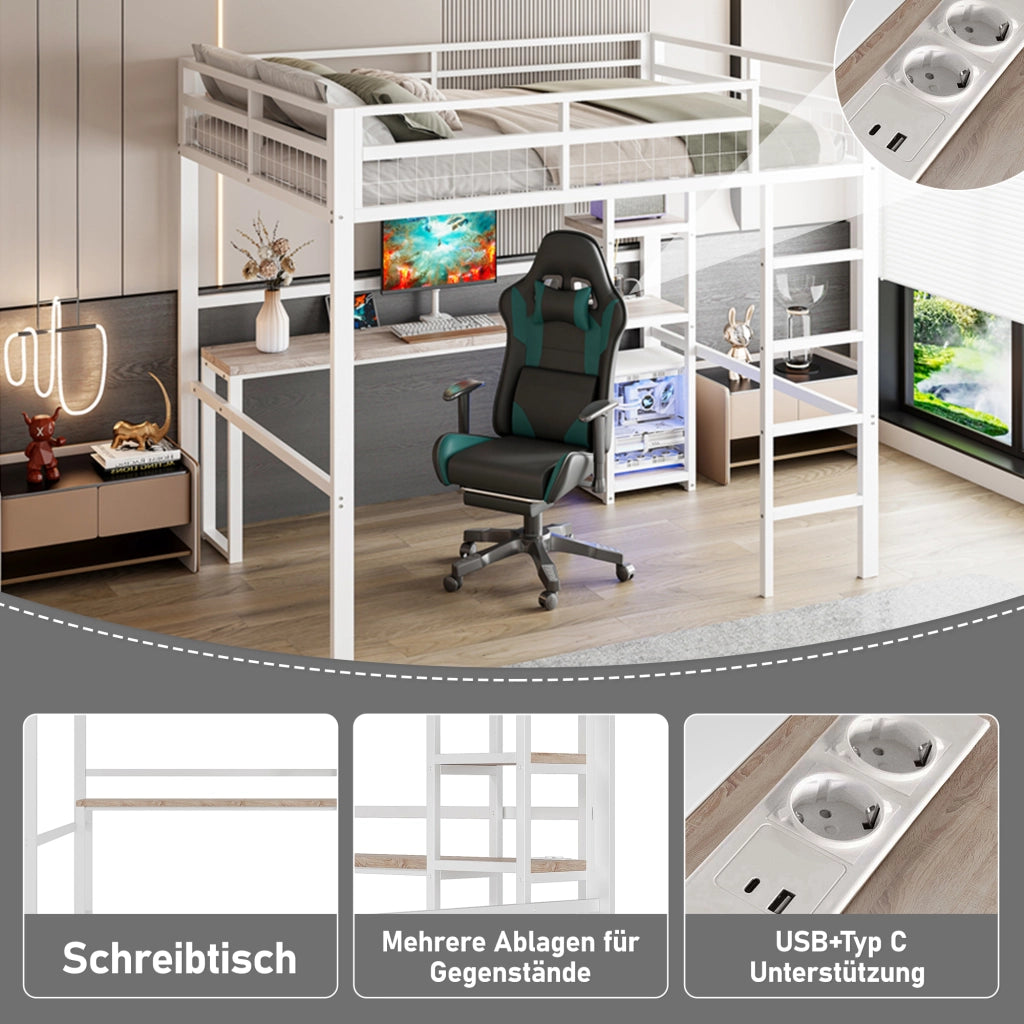 Letto a soppalco 140 × 200 cm con scrivania prese USB e type-c in metallo bianco ripiani scala e sponde