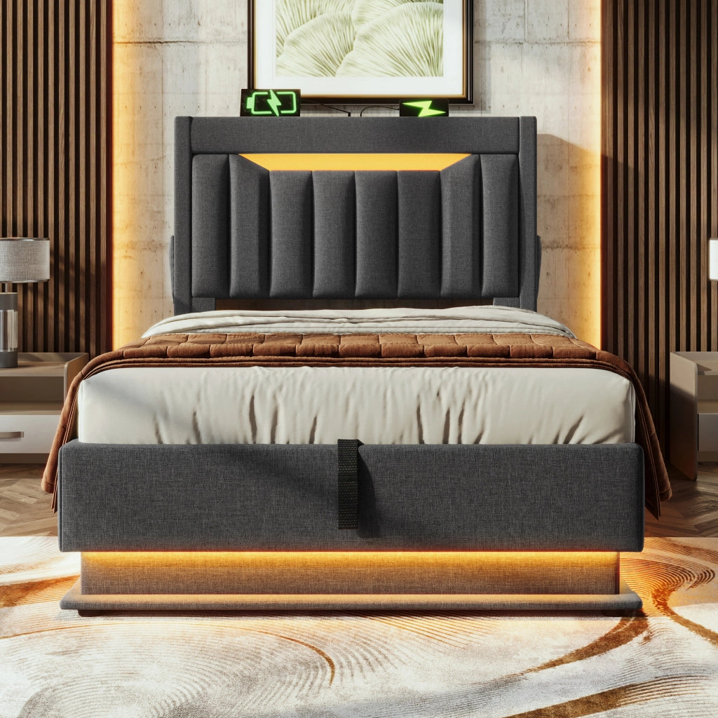 Letto singolo 90 × 200 cm con contenitore idraulico in lino grigio LED USB e porta Type-C con testiera