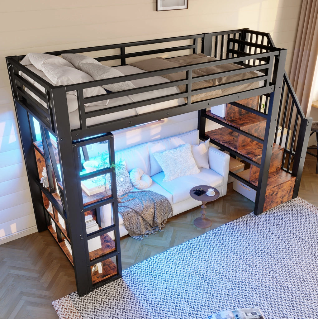 Letto a soppalco 90x200 cm con LED; ripiani e scaletta in metallo e MDF; nero