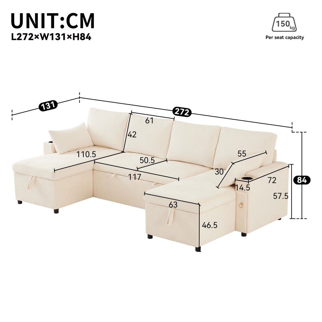 Divano letto modulare a U 4 posti con contenitore e portabevande in chenille beige