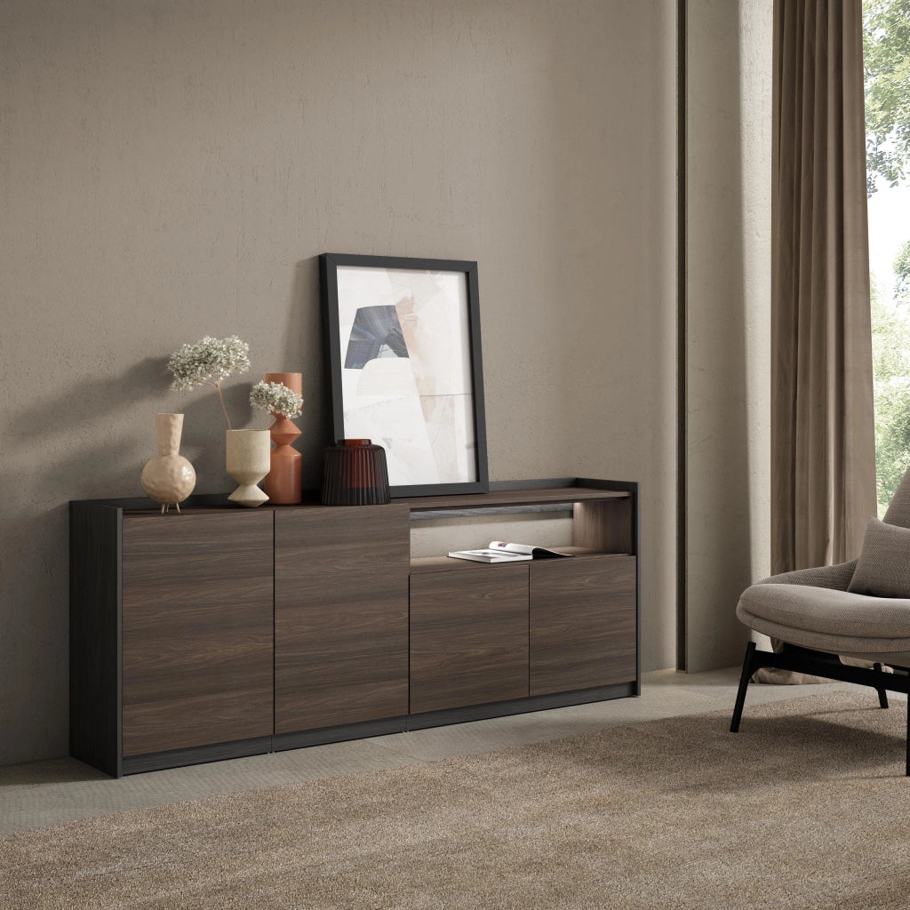 Credenza, Mobile, Cucina, 207x80x37 cm, 4 Porte, LED, Rovere scuro e Nero