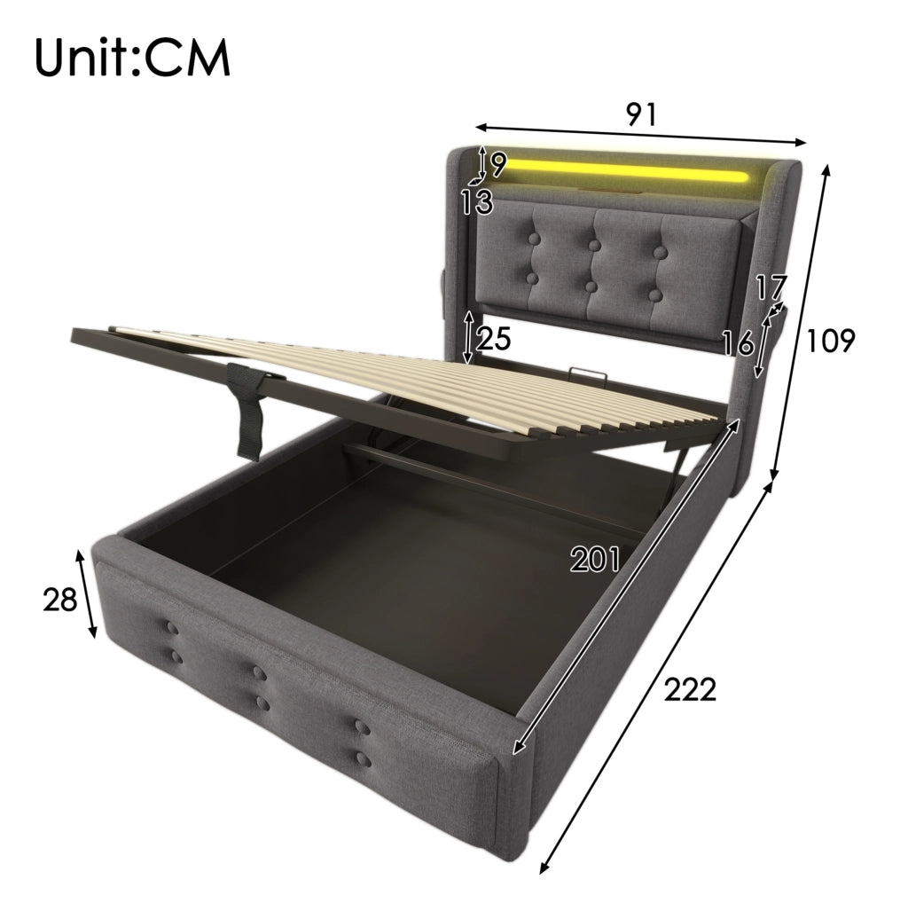 Letto singolo imbottito 90x200 con LED, prese e contenitore sollevabile