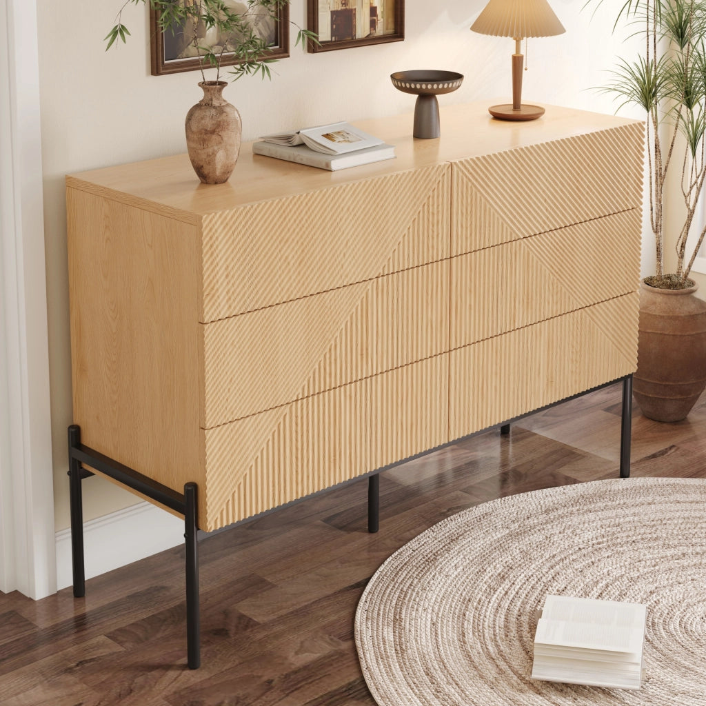 Credenza moderna con sei cassetti; 115;5 cm; struttura geometrica; MDF; color naturale