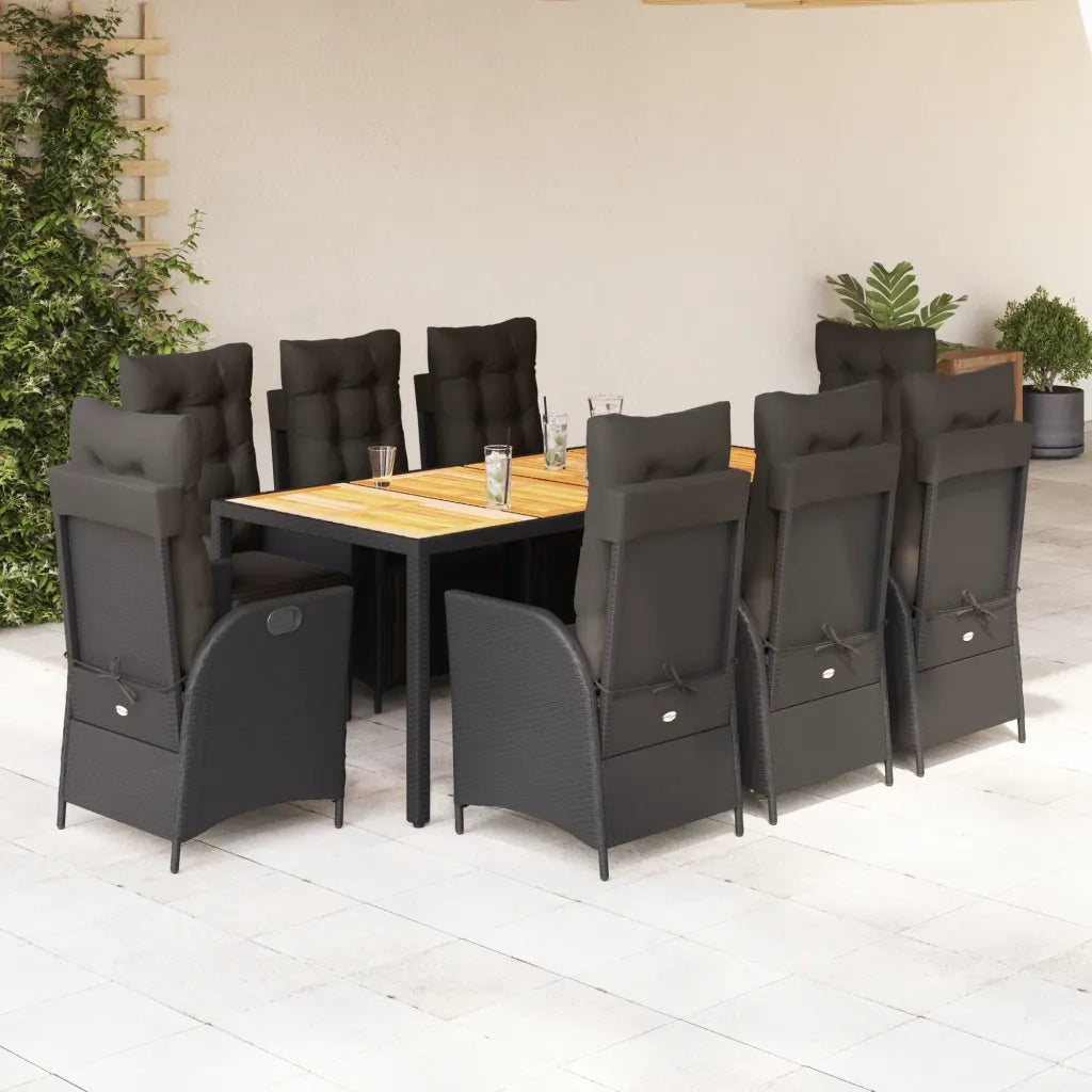 Set da Pranzo da Giardino 9 pz con Cuscini Nero in Polyrattan