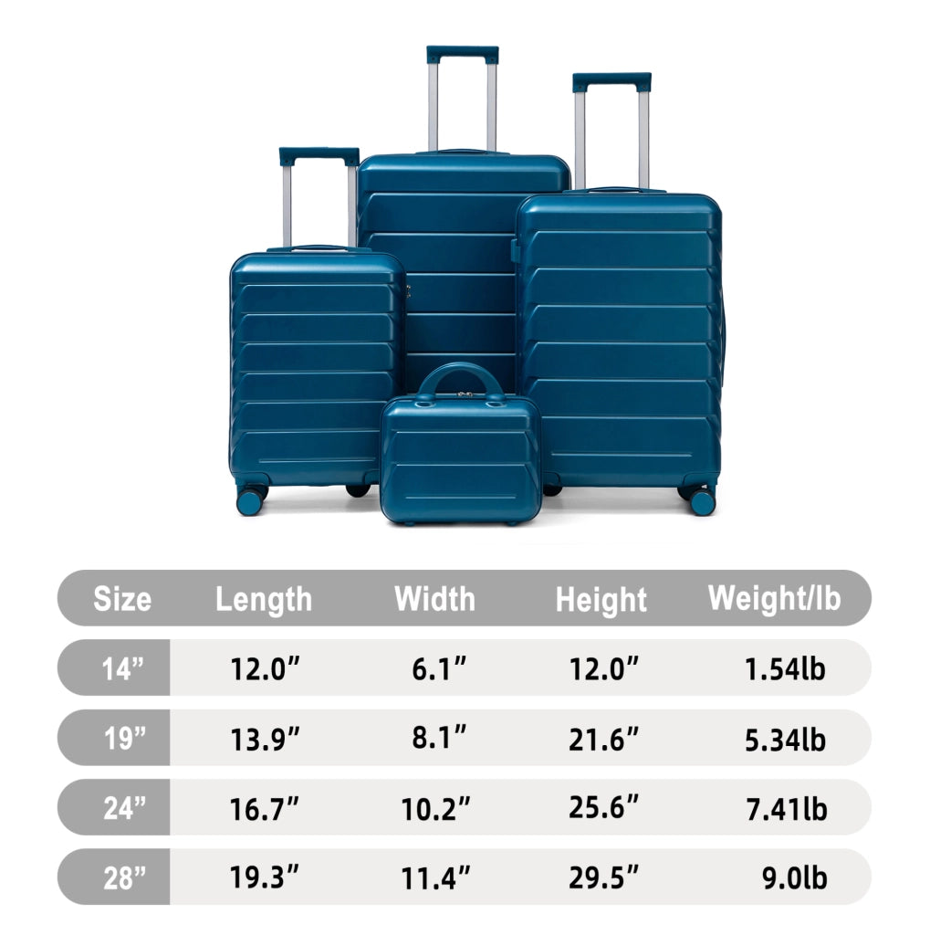 Set valigie rigide ULEVR 4 pezzi 19/24/28 pollici con beauty case 14 pollici, ABS blu scuro e ruote girevoli