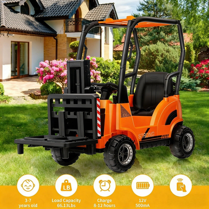 Carrello Elevatore Elettrico per Bambini 12V con Forche Regolabili; Bancale; Tettoia e Telecomando