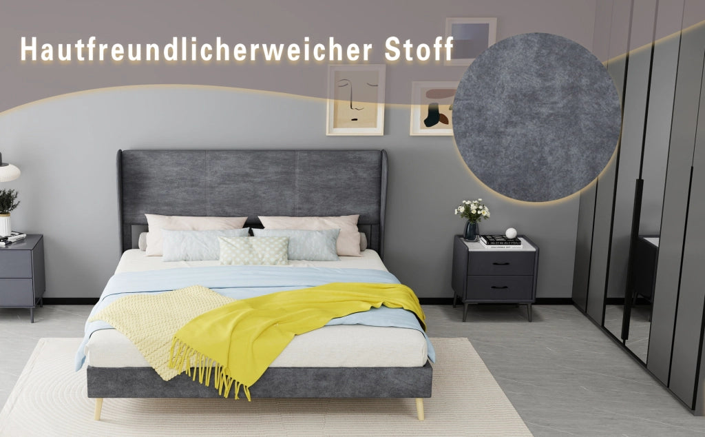 Letto Imbottito Moderno 160x200 cm con Testiera Morbida in Velluto Grigio, Base Bassa Senza Contenitore