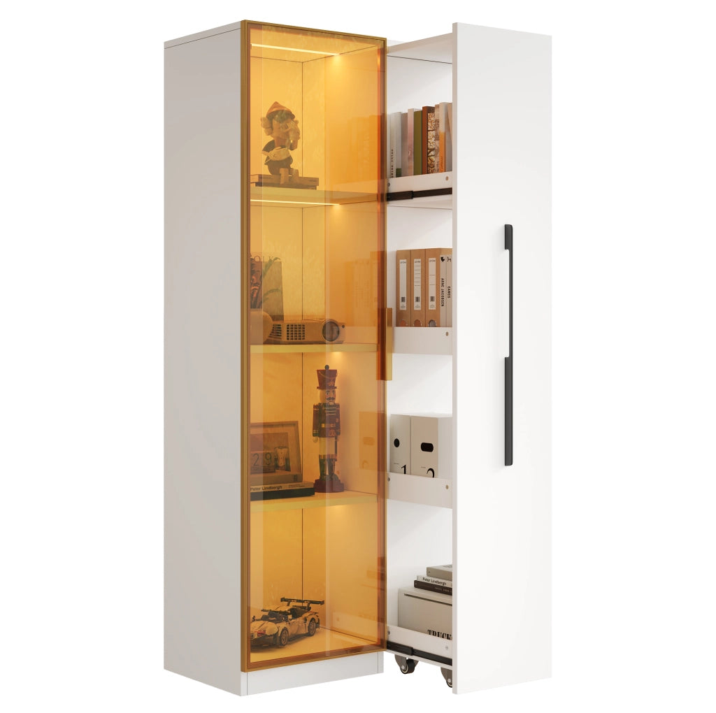 Vetrina bianca in MDF con LED, vetro ambrato e modulo laterale