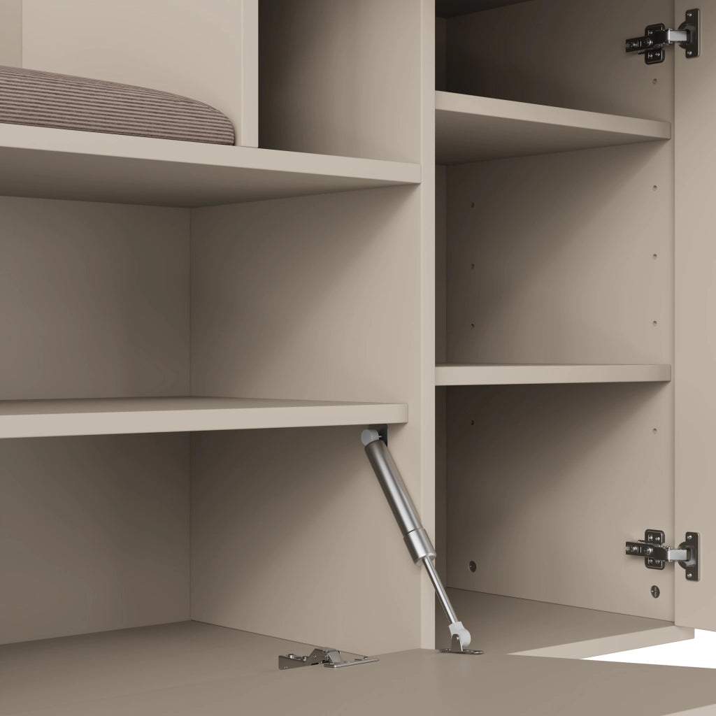 Mobile da ingresso con specchio, seduta imbottita, ripiani regolabili, ganci e cassetti in MDF, 110 × 37 × 185,5 cm