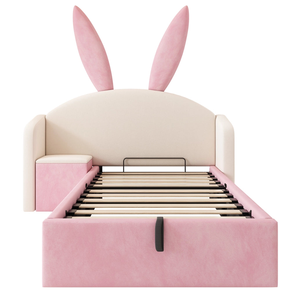 Letto per bambini 90 × 200 cm con contenitore idraulico e comodino; senza materasso; velluto beige e rosa