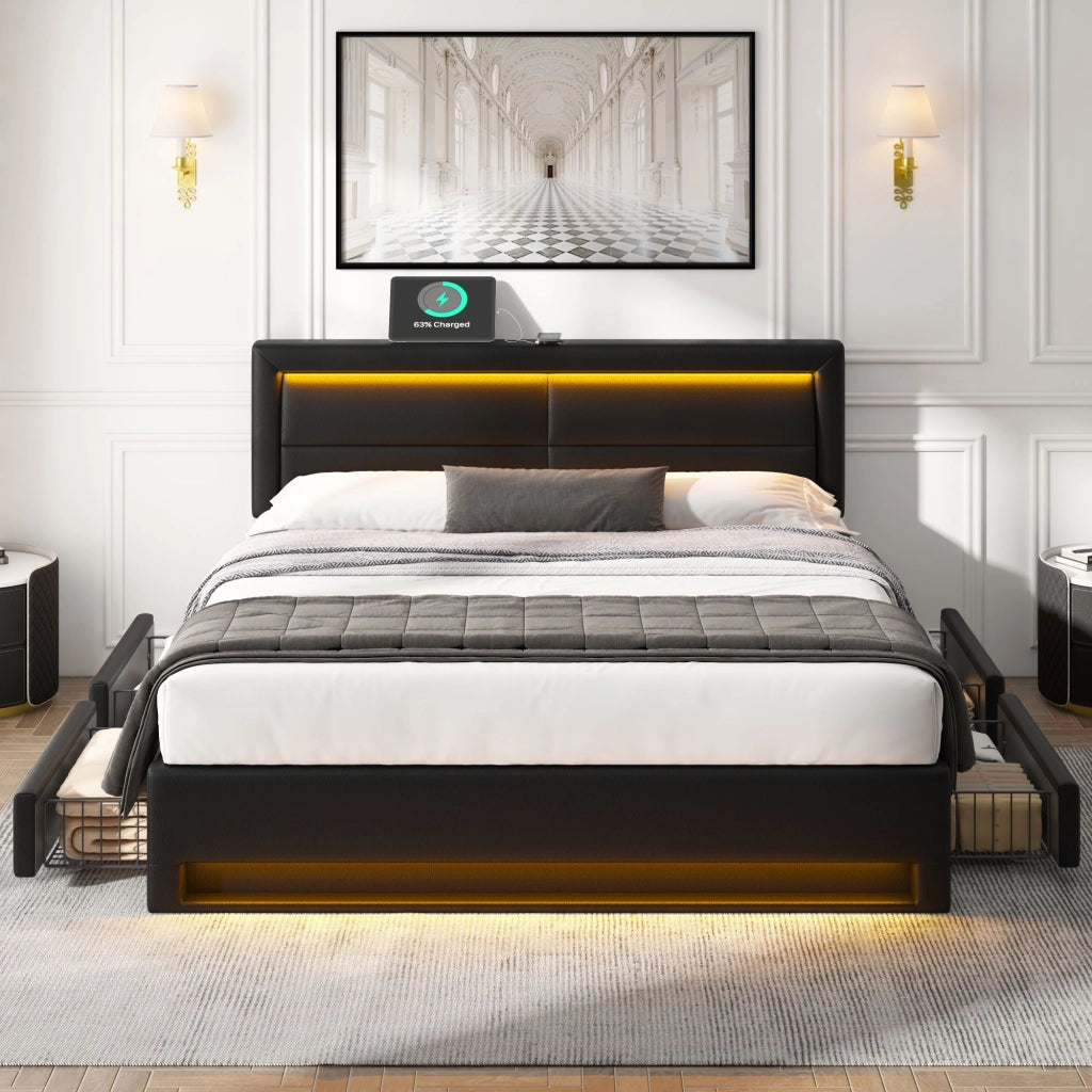 Letto imbottito 140x200 cm nero in similpelle con 4 cassetti; LED e ricarica wireless