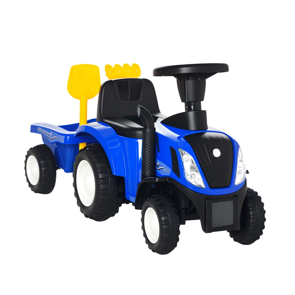 Trattore per Bambini Cavalcabile con Rimorchio, Rastrello e Pala, Gioco Educativo per Bimbi 12-36 Mesi, 91x29x44cm, Blu