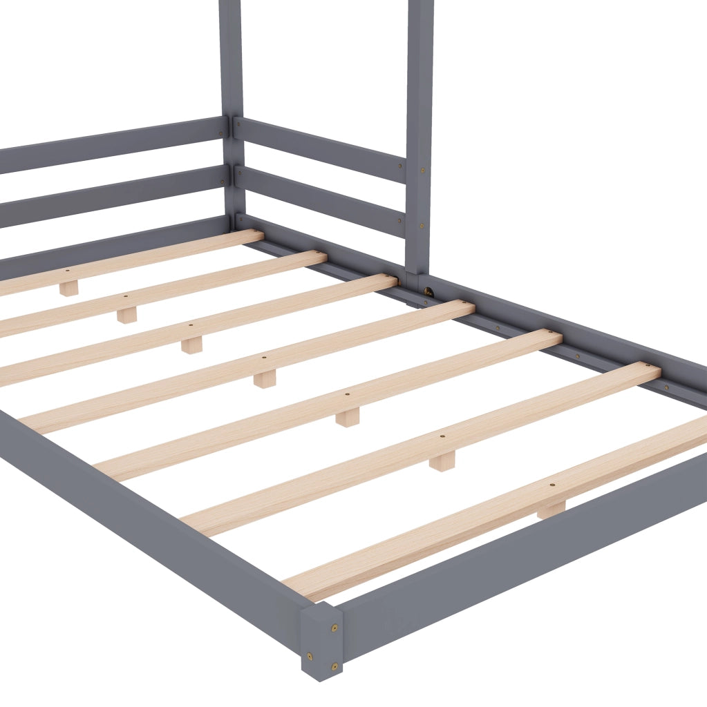 LETTO a casetta 140x200 cm in legno di pino e MDF grigio con rete a doghe