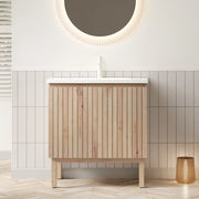 Mobile bagno indipendente NIKO 80 cm con lavabo in ceramica bianca e armadietto a righe in effetto legno di quercia bianca