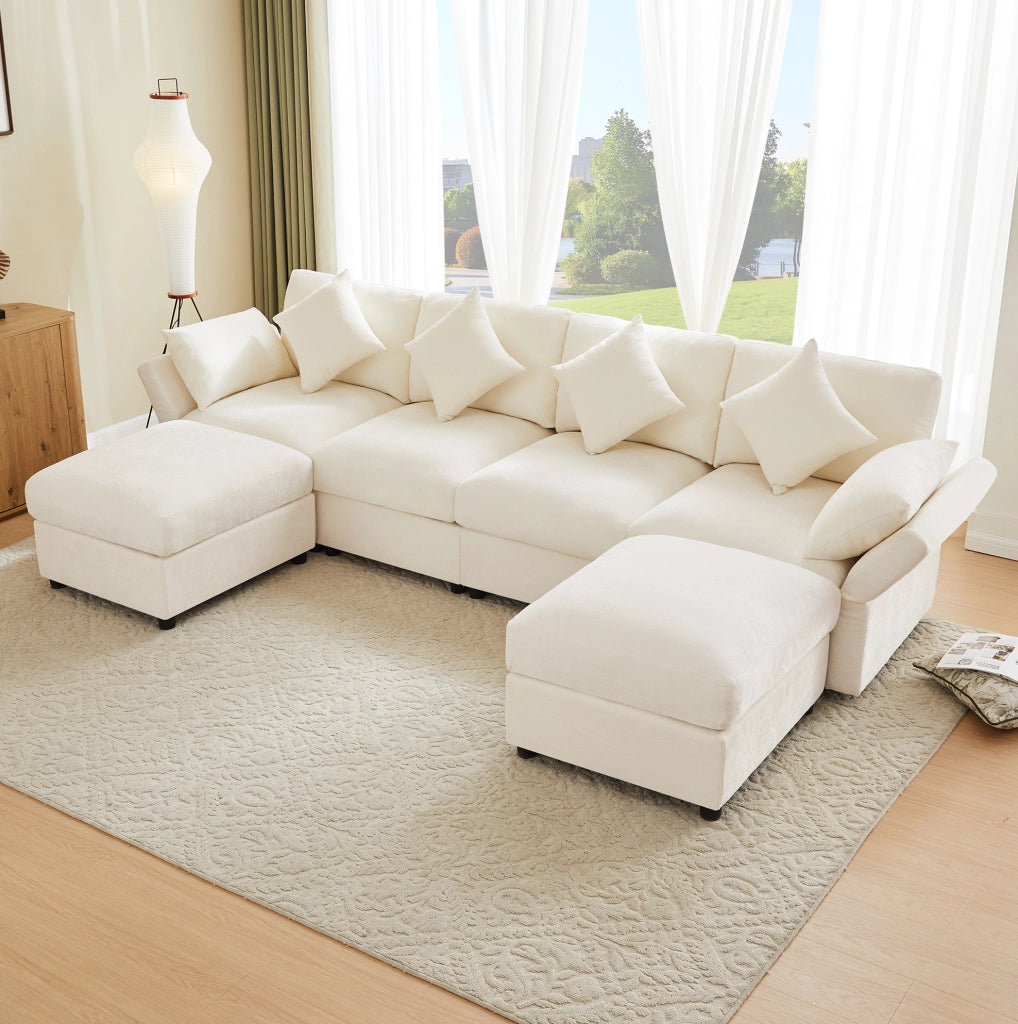 Divano modulare a forma di U/L in tessuto chenille beige con 2 pouf, 4 cuscini decorativi e 2 poggiatesta, braccioli regolabili