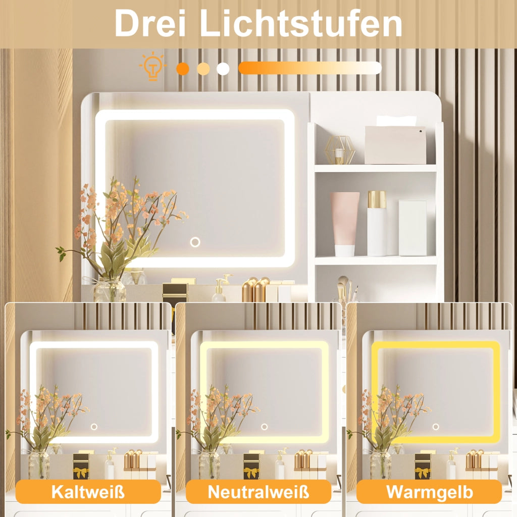 Tavolo da trucco 80x39;8x127 cm con specchio LED a 3 modalità; 5 cassetti; anta e ripiani; bianco