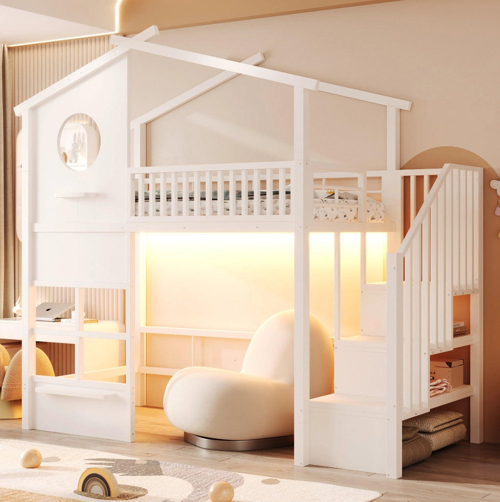 Letto a soppalco 90x200 cm a forma di casa con LED e scala contenitore bianco